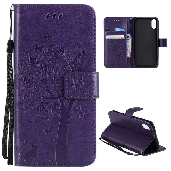 iPhone Xr Case, Allytech Embossed Cat & Tree Series, PU Leather Full Body Protective Defender Case Folio Flip Stand Cover With Card Holder for Apple iPhone Xr 6.1" 2018 Release, Purple