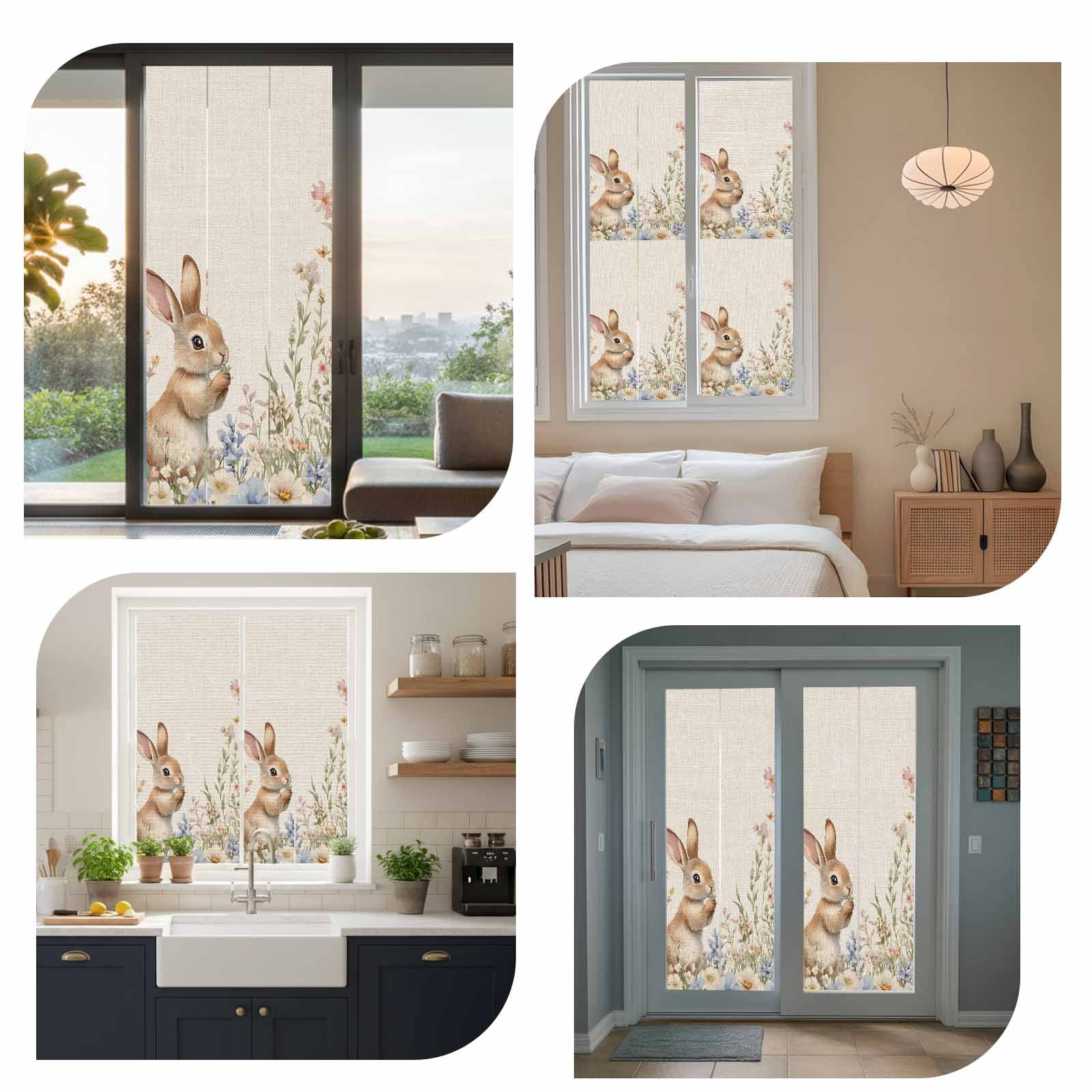 Easter Rabbit Window Privacy Film, Yellow Bunny Spring Colorful Floral Leaf Linen Texture Frosted Glass Window Clings Static Cling Heat Blocking Reusable Door Sticker for Bedroom 35.4x78.7 Inch