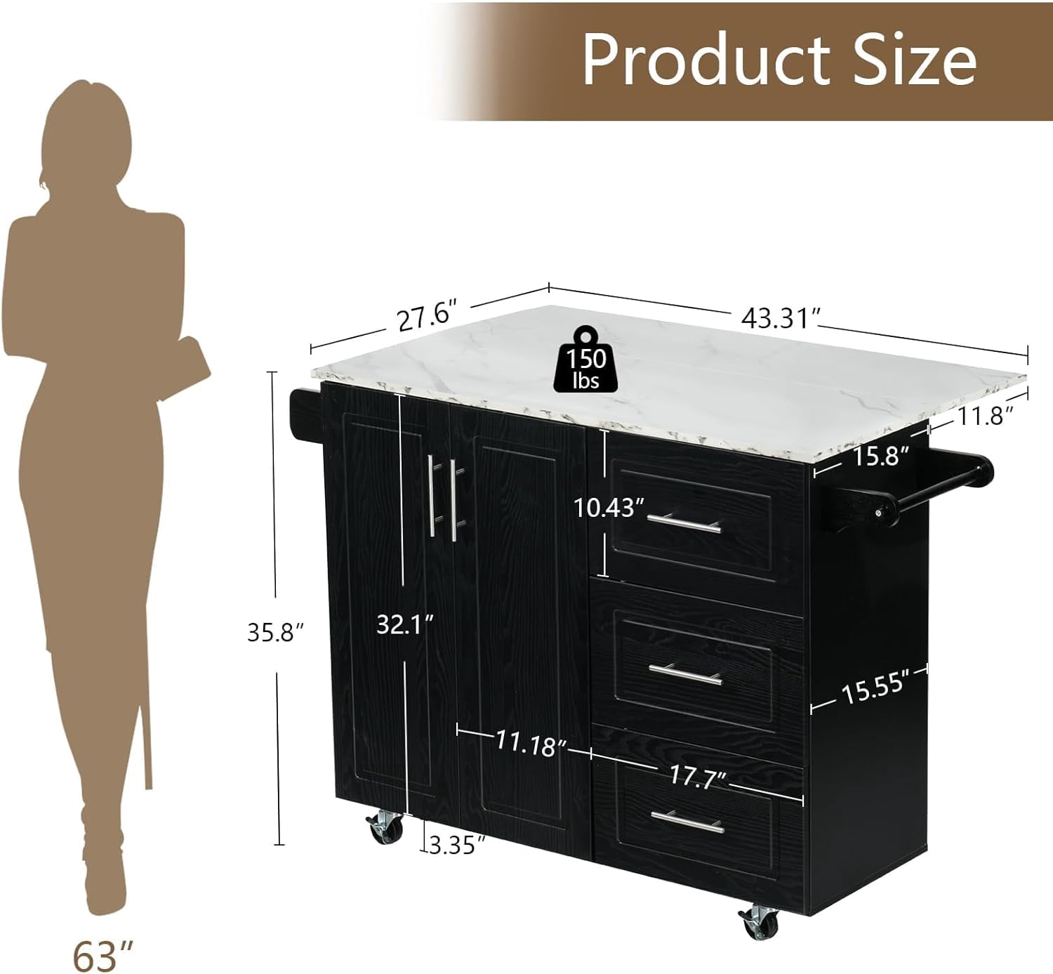DreamCurship Kitchen Island on Wheels, Drop Leaf Kitchen Island Cart with Storage, Wood Countertop, Lockable Casters, Black