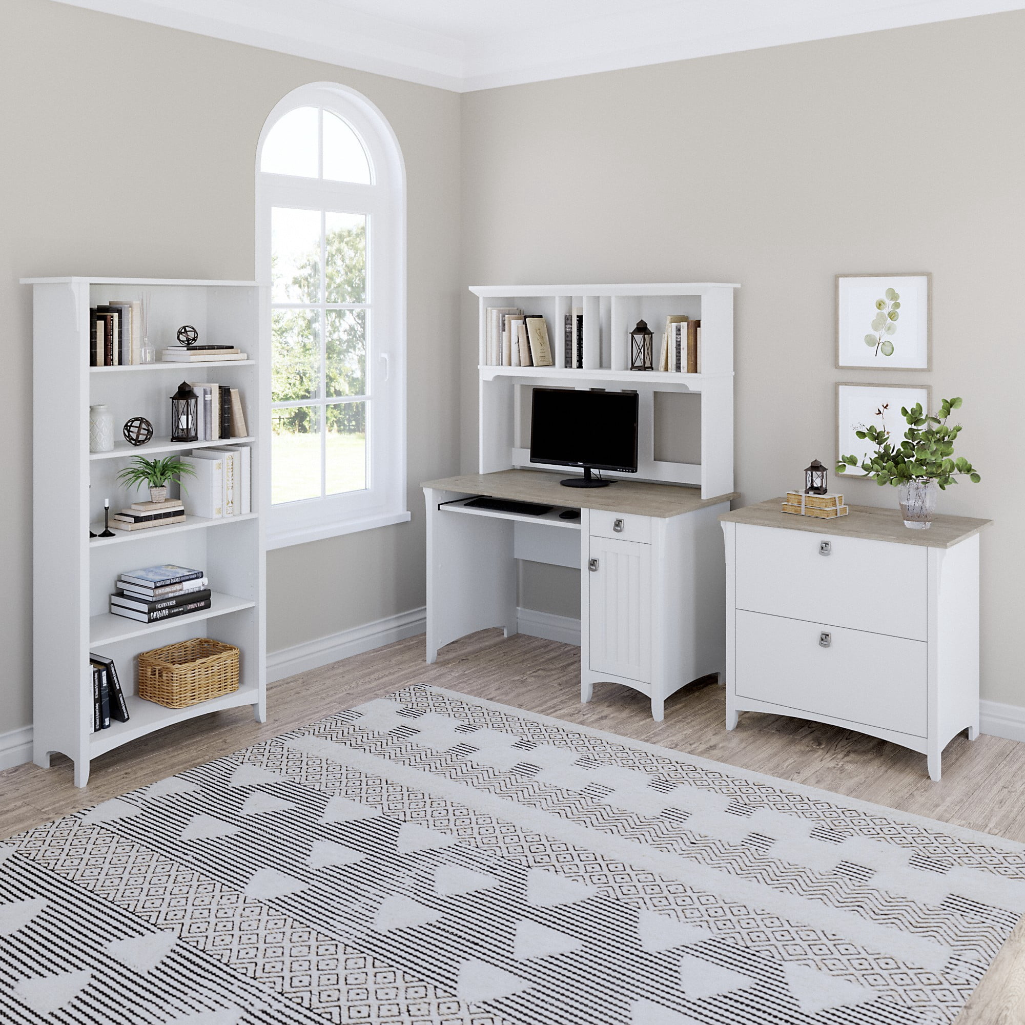 Bush Furniture Salinas 48” Computer Desk & Hutch with Storage, Shiplap Gray & White