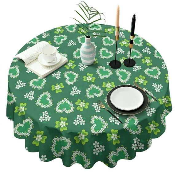 Welcome St.Patrick's Day Clovers Leaf Round Table Cloth,Wrinkle Free Table Cover with Polyester,Waterproof Reusable Tableclothes for Easter Birthday Picnic Wedding (Round,60x60inch)