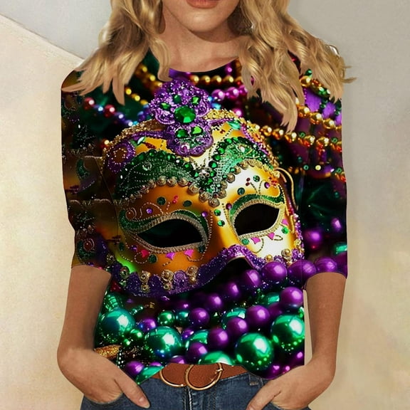 Jjayotai Mardi Gras Clothing Women, Womens Mardi Gras Mask Glitter Printed T-Shirt, Round Neck 3/4 Sleeve Top Sweatshirt Multicolor XL