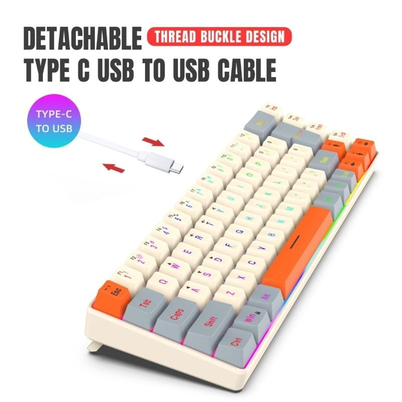 RGB Backlit Gaming Keyboard 68Keys, Ergonomic USB Wired Keyboard with Detachable USB Type C Cable for PC and IOS