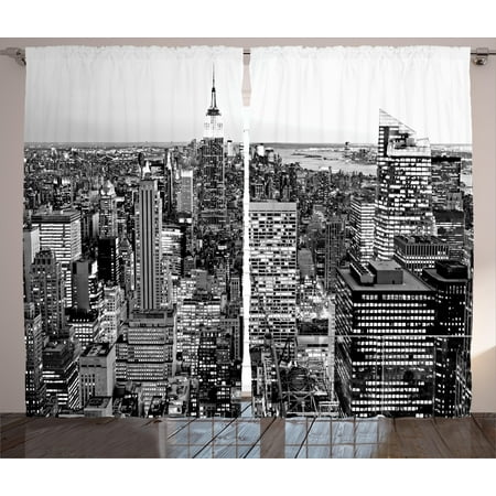 Curtains For Black And White Living Room New York Curtains 2 Panels Set, Panorama of Manhattan High Buildings of City Famous Monument USA Black and White Photo, Window Drapes for Living Room Bedroom, 108W X 84L Inches, Grey, by Ambesonne ()