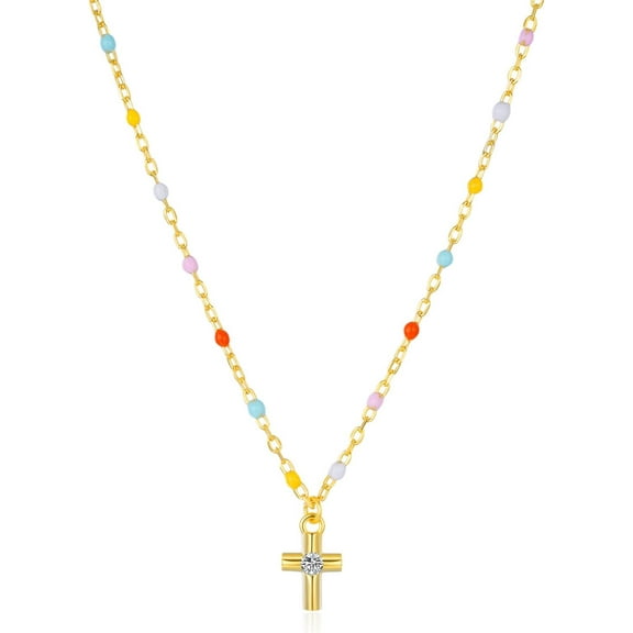 14K Gold-Plated Cross Necklace for Women | Colorful Beaded Mini Cross Pendant Necklace | Sterling Silver Placed Non-Tarnish Christian Faith Jewelry | Ideal Gift for Easter, Baptism, Communion