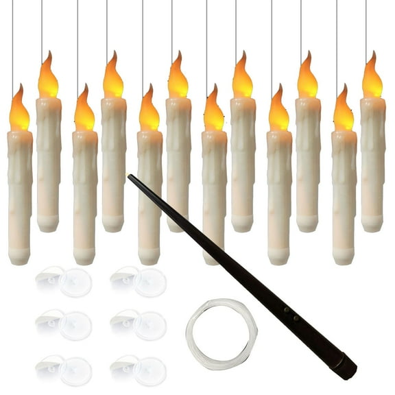 LYCAQL Halloween Decorations Floating Candles with Wand Magic Hanging Candles Flickering Warm Light Flameless LED Taper Candle Battery Operated Window Candles for Christmas Halloween Decor 12 Pack