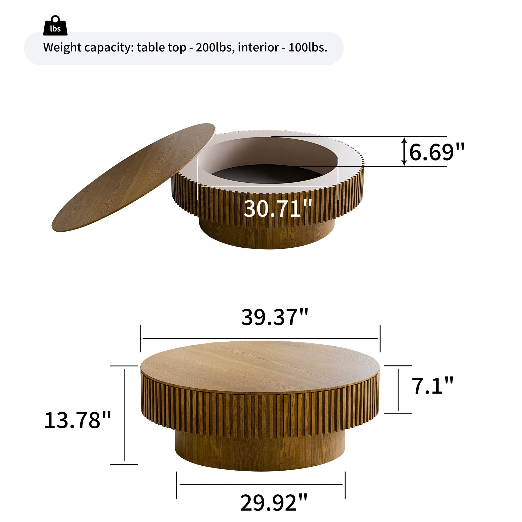 39.37" Round Coffee Table with Storage, Fluted Modern Coffee Table with Hidden Storage, Wood Veneer Center Table for Living Room, Brown