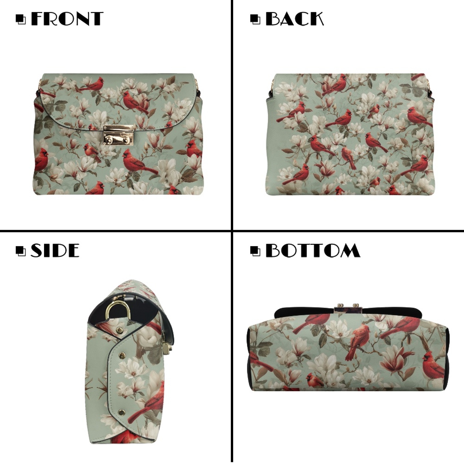SCRAWLGOD Cardinal Floral Print Cyan Crossbody Bags for Women Trendy PU Leather Shoulder Handbags Purses for Women with Detachable Chain Strap