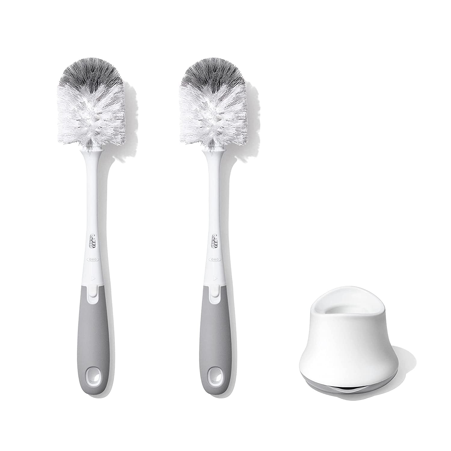 Konexial Baby Bottle Brush with Nipple Cleaner and Stand, Grey 2-Pack | Newborn Ready Bottle Brush Set, Includes Nipple Cleaner, Stand Keeps Counter Dry, Soft Bristles, 2-Pack