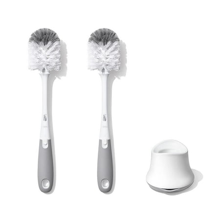 Konexial Baby Bottle Brush with Nipple Cleaner and Stand, Grey 2-Pack | Newborn Ready Bottle Brush Set, Includes Nipple Cleaner, Stand Keeps Counter Dry, Soft Bristles, 2-Pack