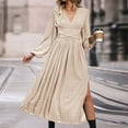 thumbnail image 6 of UTSJKR Womens 2024 Fall Wrap V Neck Wedding Guest Dresses Casual Pleated Long Sleeve Midi Dress Ruffle Smocked Long Dress Beige XL, 6 of 6