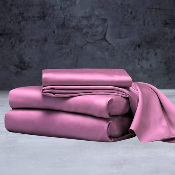 Mulberry Silk Satin Sheet Set - 4 Pc (1 Flat Sheet, 1 Fitted Sheet, 2 Pillowcases) - Smooth Bedding for Queen/King Bed - Wrinkle-Resistant, 15" Deep Pockets (Dusty Rose,SHORT QUE