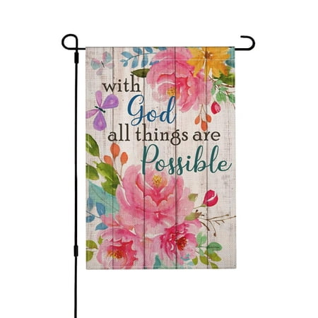 Newhomestyle with God all Things are Possible Garden Flag, Inspirational Butterfly Religious Faith courtyard lawn Decoration 12 x 18 inch