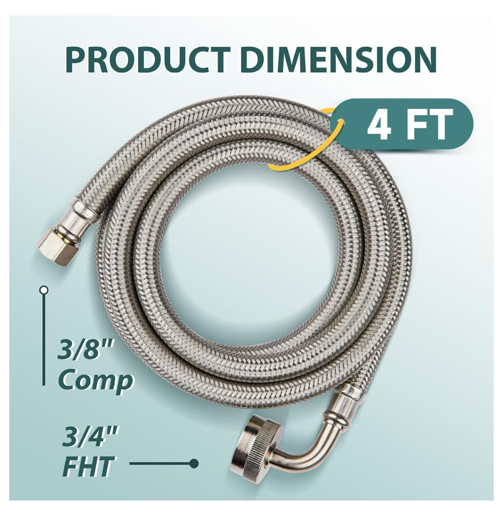 5-PACK 4 FT Stainless Steel Dishwasher Hose with 90 Degree FGH Elbow, 3/8" Comp x 3/4” FHT Water Supply Line