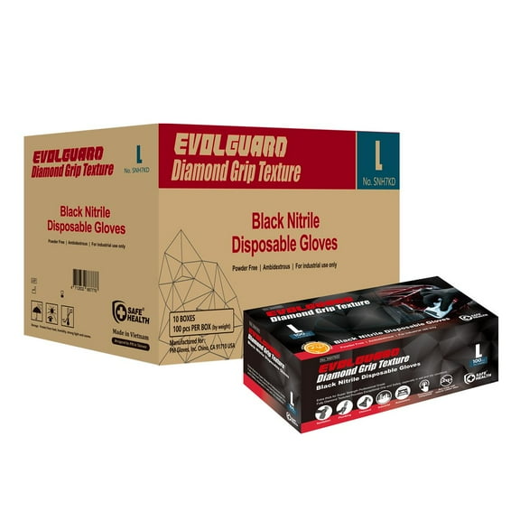 SAFEHEALTH EvolGuard Industrial Diamond Texture Black Nitrile Disposable Gloves, 5.5 Mil Heavy Duty, Automotive-Machinery, Case of 1000, Size L