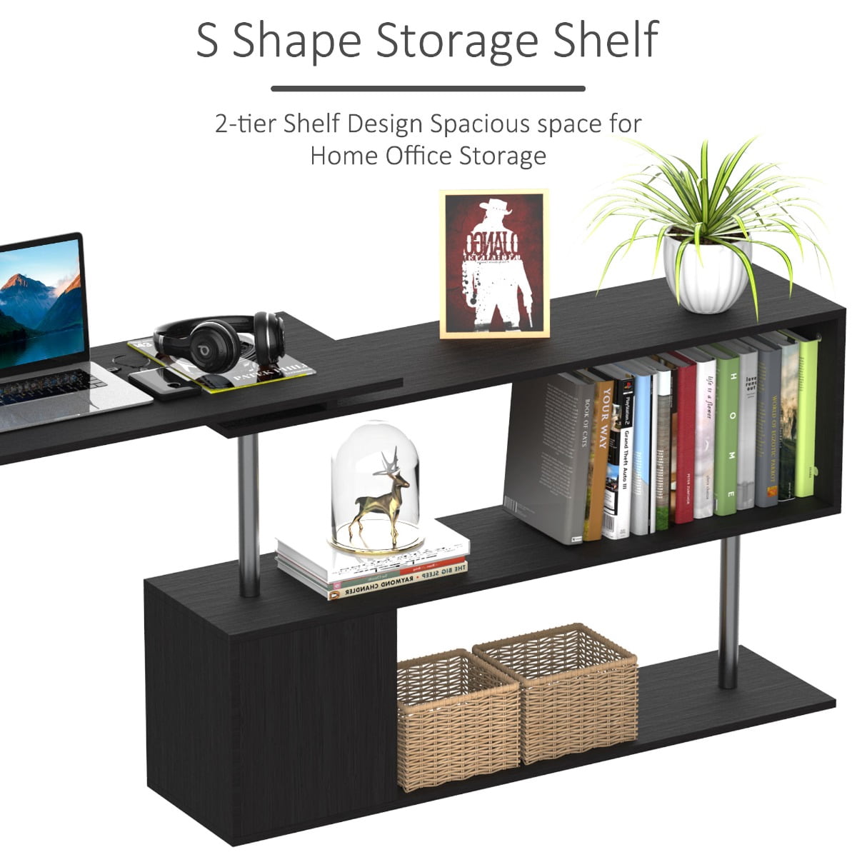 HomCom 55" 360° Rotating Corner Computer Desk Modern L-Shaped Home Office Workstation with 3-Tier Storage Shelves, Bookshelf, Black