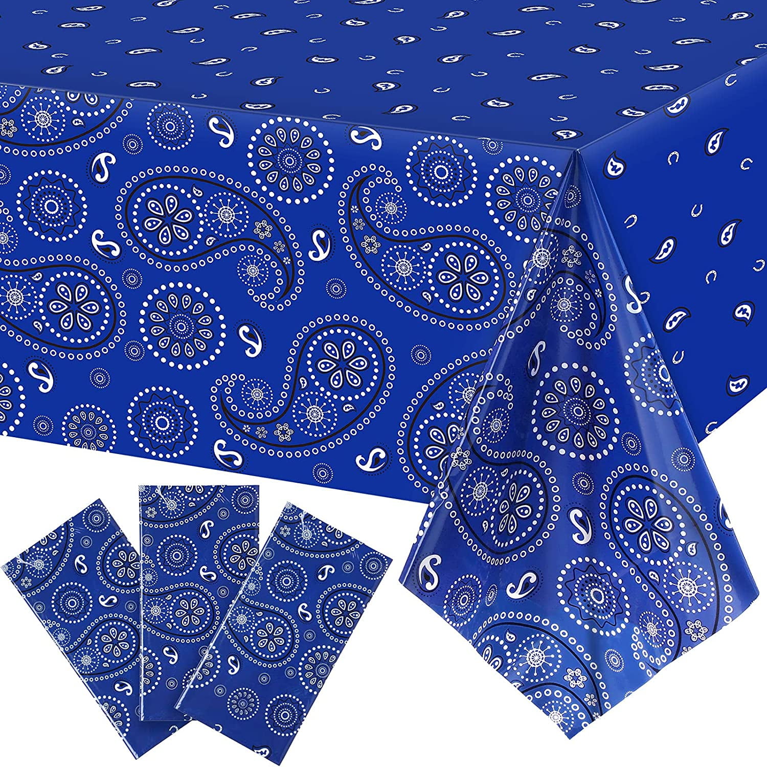 Western Party Tablecloth Paisley Table Cover Bandana Plastic Table Cloth Rectangle Floral Tablecloth for Western Cowboy Themed Party Decorations 108 X 54 Inches Blue,3 Pack 