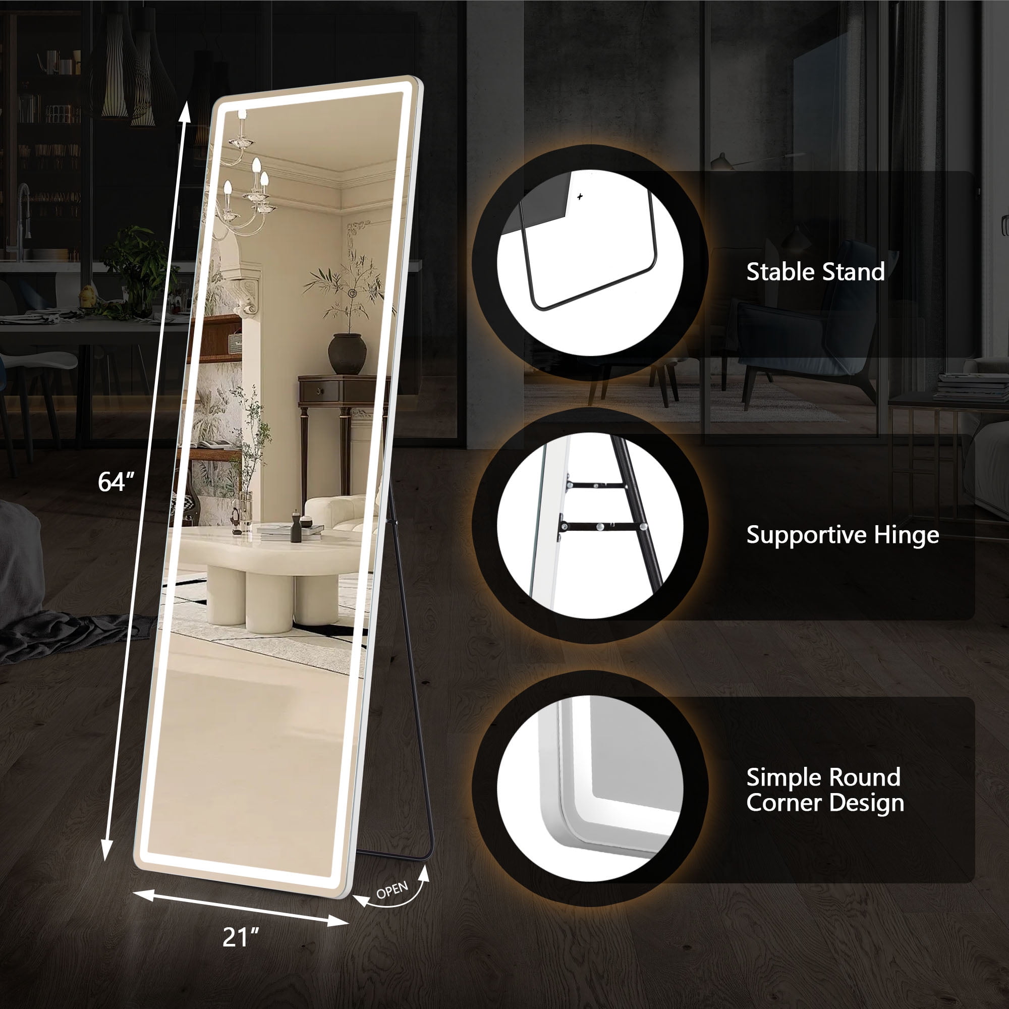 CONCETTA 60"x16" Rectangle LED Full Length Mirror, Full Body Standing Floor Mirror, 3 Color Modes for Bedroom, Cloakroom