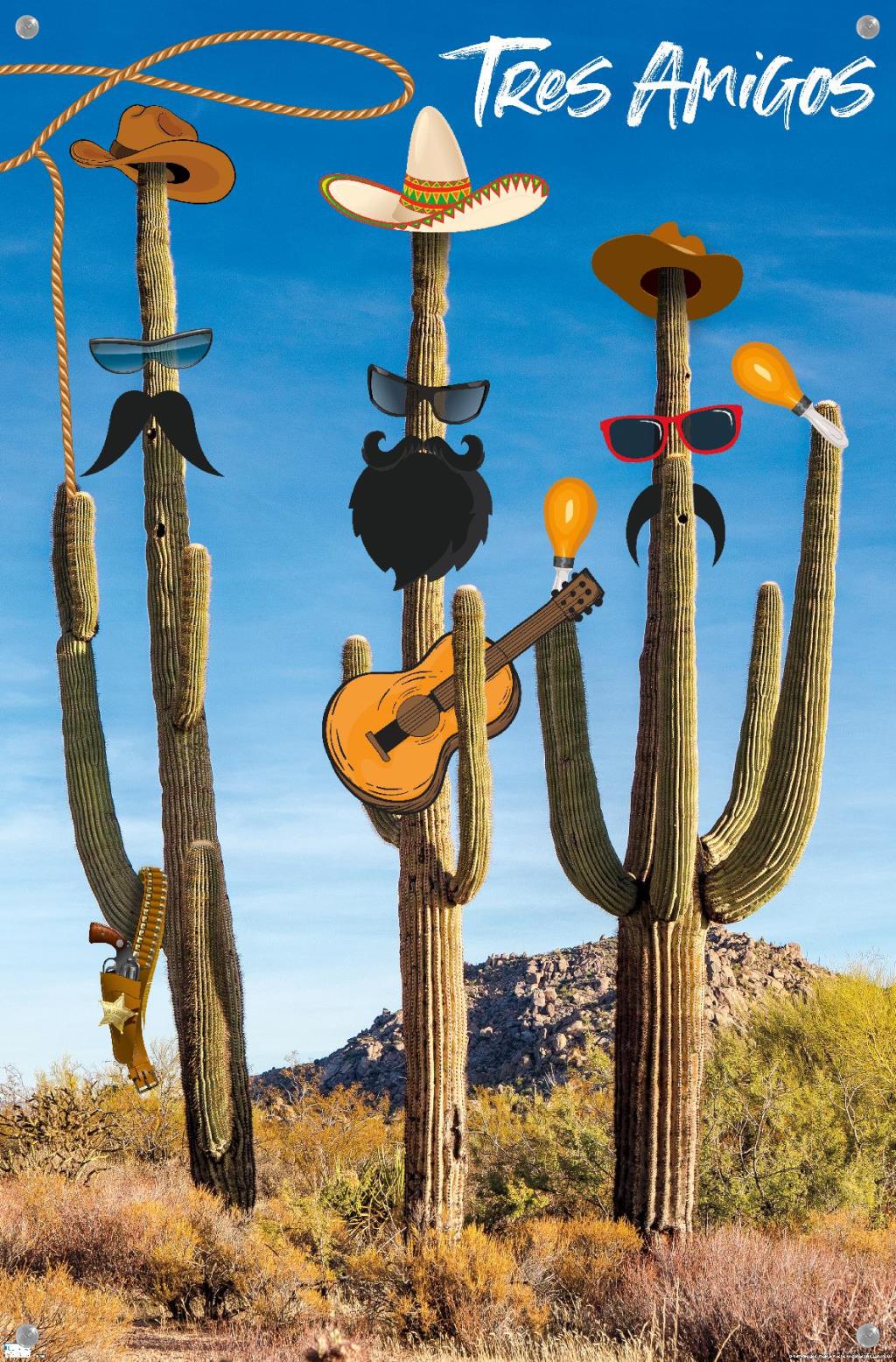 Cactus -Tres Amigos Wall Poster with Pushpins, 14.725" x 22.375"