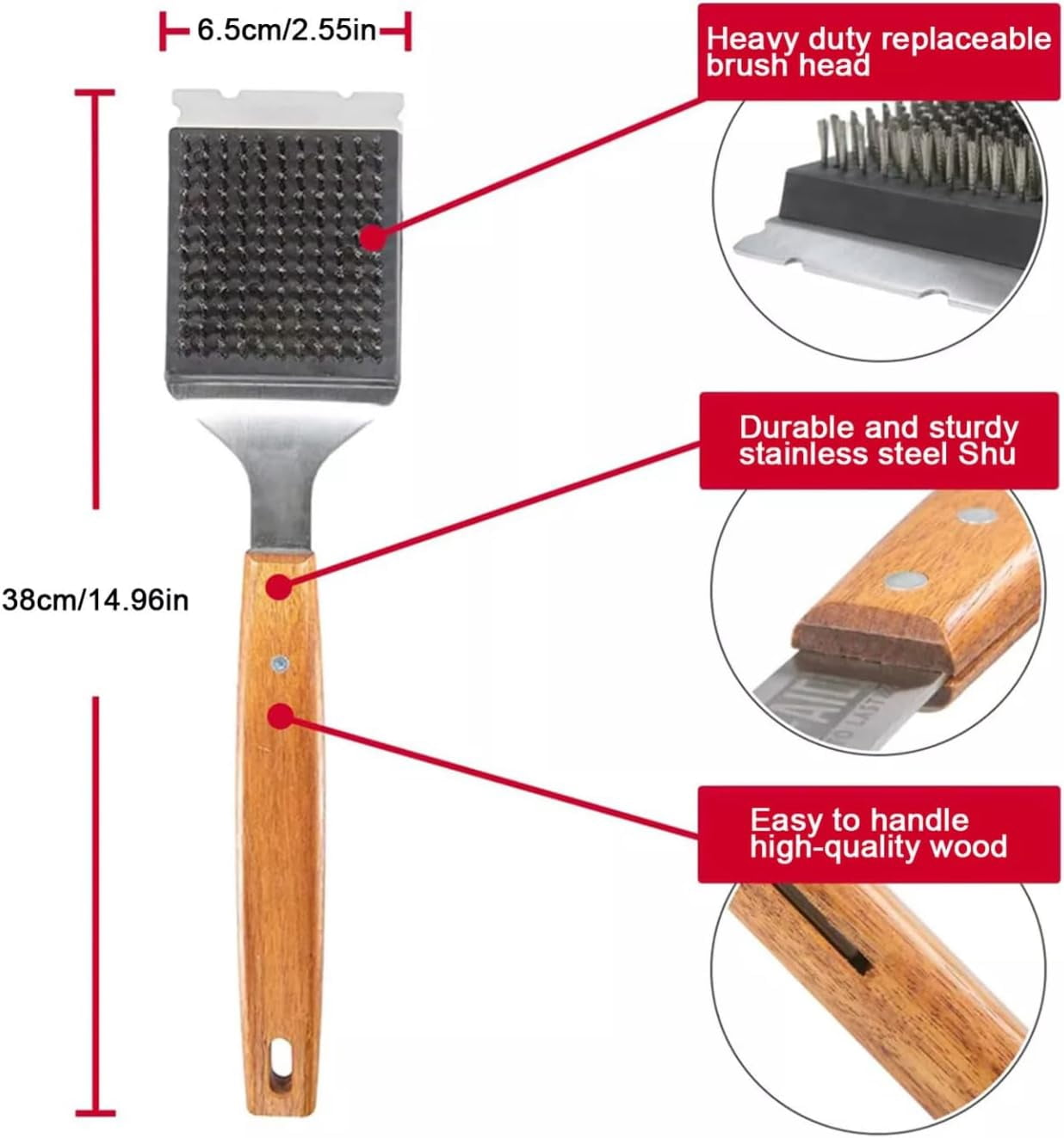 ABPETE Barbecue Grill Brush and Stainless Steel Scraper Scraper Extended Large,Large Wooden Handle, Wire BBQ Grill Brush for Outdoor Grill - No Scratch- BBQ Grill Brush for Any Grill