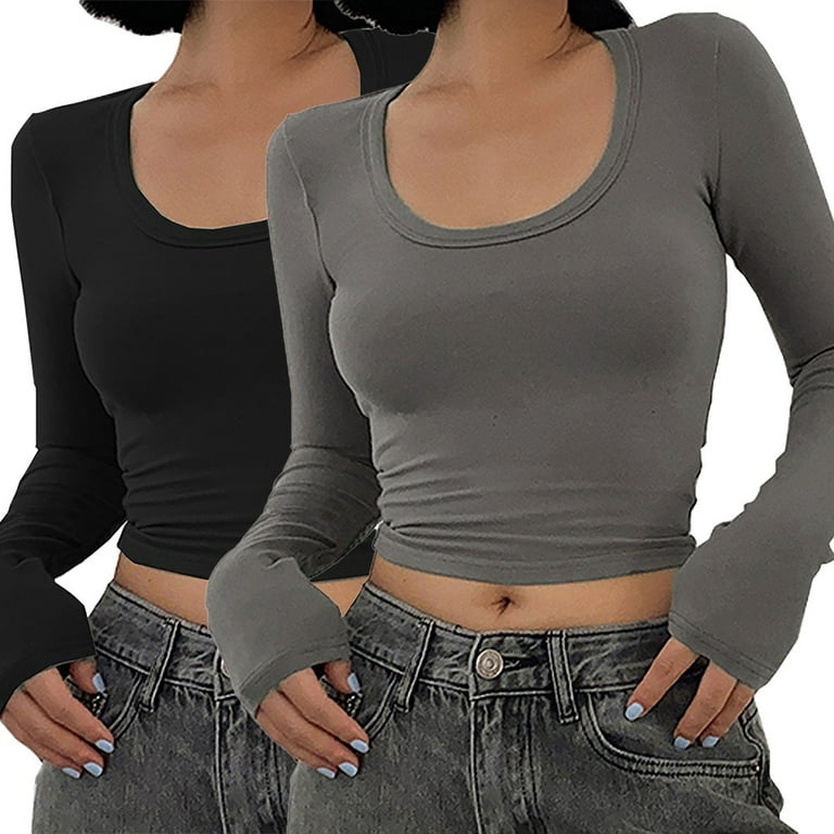 Women's Crop Tops Basic Stretchy Scoop Neck Long Sleeve T-Shirt