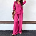 thumbnail image 5 of Women Lounge Sets 2 Piece Cotton Linen Outfits Summer Casual Long Sleeve V Neck Pullover Top Wide Leg Pants Matching Sets Trendy Clothes Going Out Suits for Womens Hot Pink S, 5 of 8