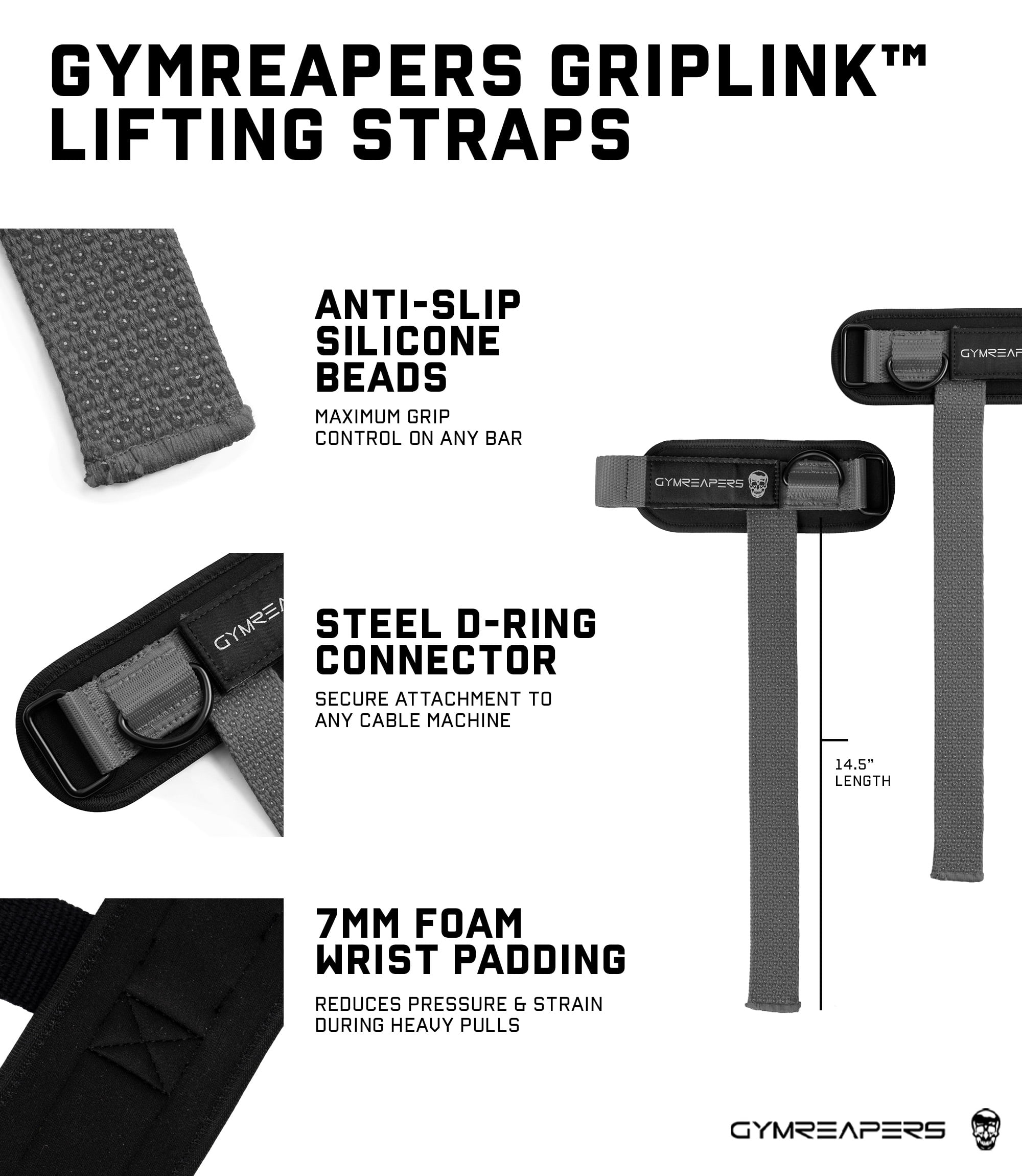 Gymreapers GripLink Lifting Straps – Heavy Duty D-rings Wrists Straps with Anti-Slip Silicone Grip Beads, Cushioned, Adjustable Support for Deadlifts, Powerlifting, Cable Machines and Gym Trainings