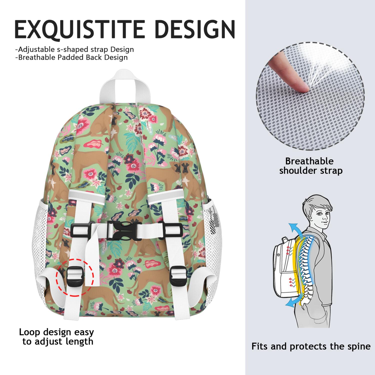 Boxer Dog and Flower Florals Backpack for School,Cute School Bag,Schoolbag with Adjustable Shoulder Straps & Padded Back,15"x11.42"x5.5"