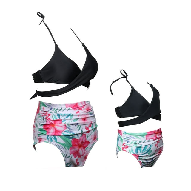 Innerwin Mother And Daughter Family Matching Swimwear Ruffled Swim Bikini Set Sleeveless Lace Up Parent-child Swimsuit Two Piece Seaside Black Flowers S