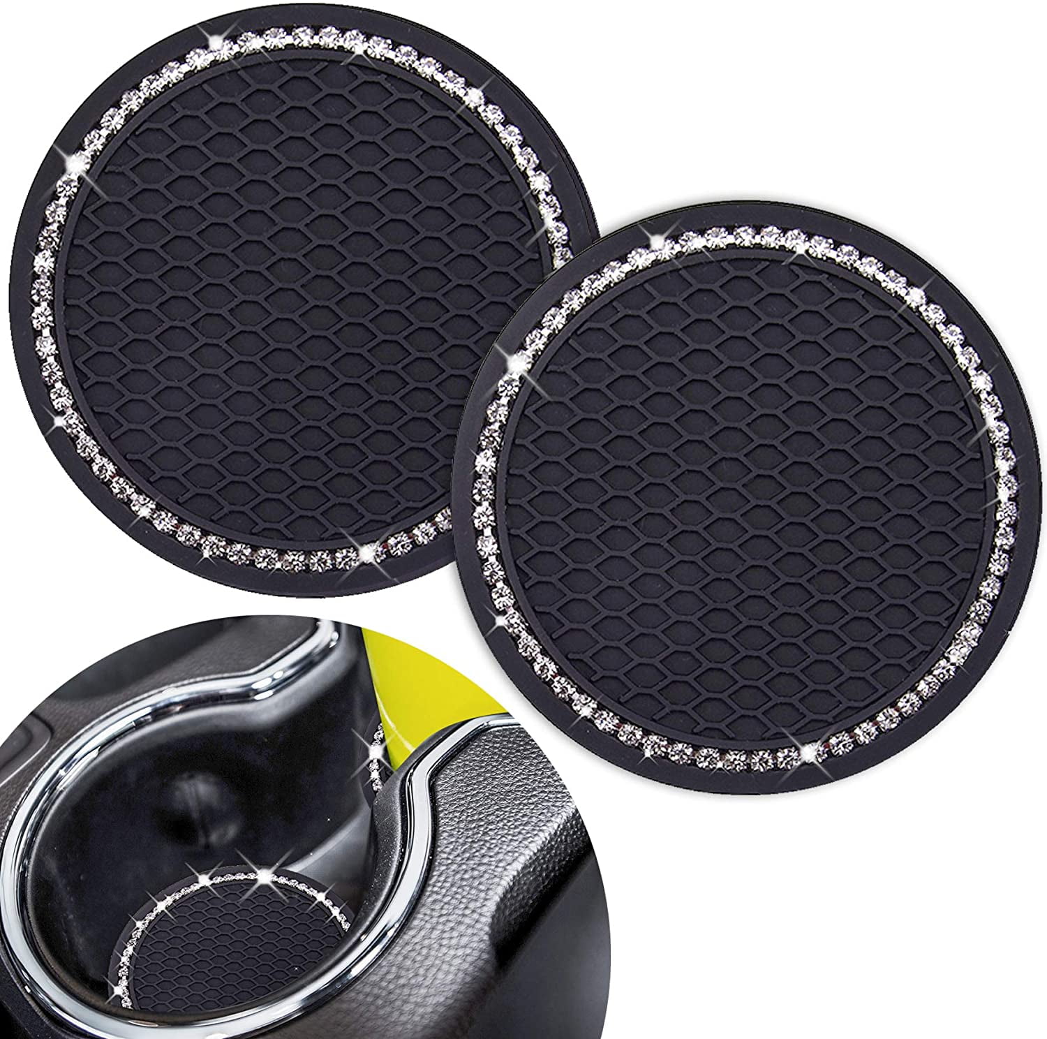 2.75 Inch Auto Car Cup Holder Insert Coasters Silicone Anti-Slip Crystal Rhinestone Drink Car Cup Mat Black Universal Vehicle Interior Accessories for Women Girls 2PCS Bling Car Cup Coaster 