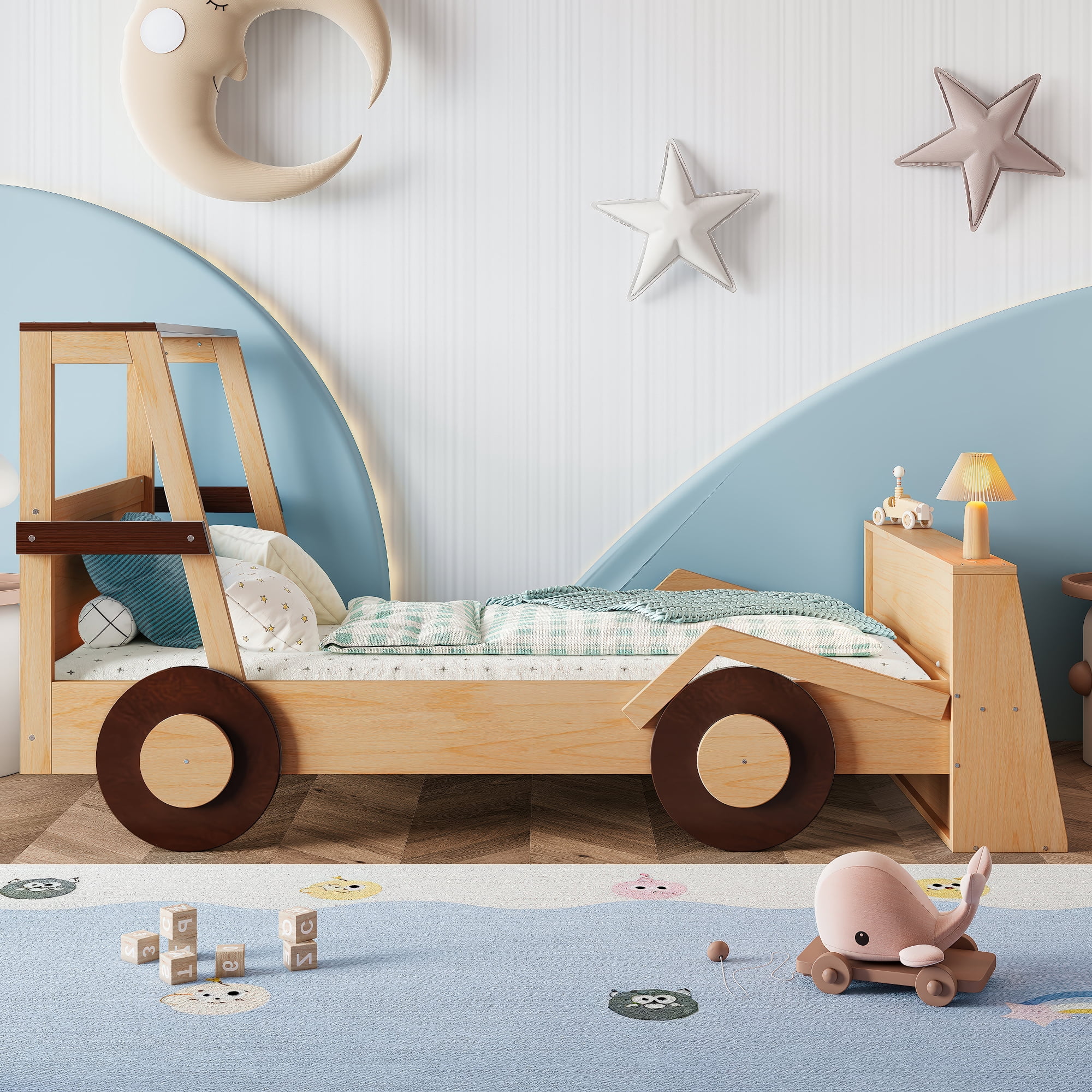 Harper & Bright Designs Twin Size Car Bed with Storage Shelves, Wood Platform Bed with Car-shape for Boys and Girls, Natural