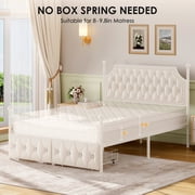 Homfa Queen Size Canopy Bed Frame, 2 Storage Drawers Metal Platform Bed with Button Tufted Upholstered Headboard, Canopy Bed Curtain Not Included, Beige