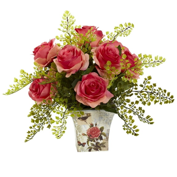 Nearly Natural Rose & Maiden Hair Artificial Flower with Floral Planter, Pink
