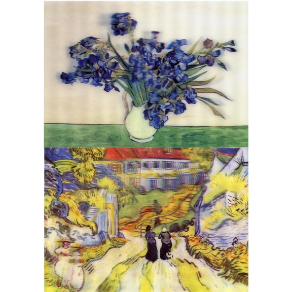 Van Gogh: 2 Lenticular 3D Postcard Greeting Cards - Stairway at Auvers & Irises.