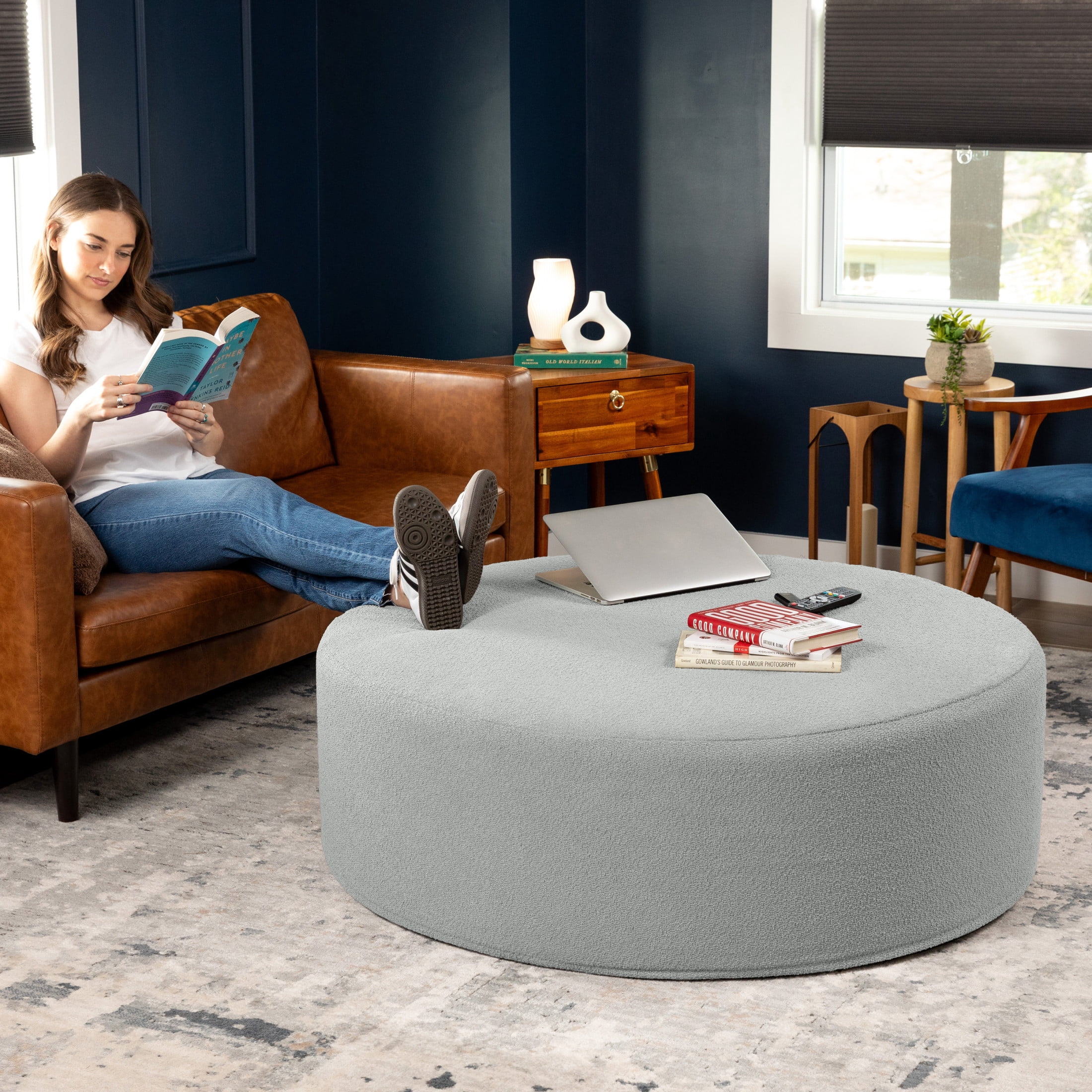 Jaxx Candler Round Coffee Table Ottoman, Oversized, 44-Inch, Boucle Silver