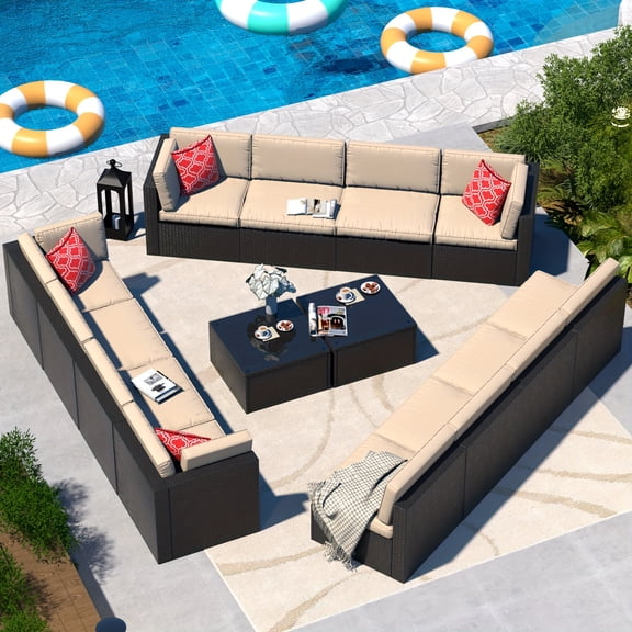 14-Piece Outdoor Wicker Patio Furniture Set-Modular Sectional Sofa With Coffee Table, Plush Cushions, And 2 Soft Pillows. Ideal For Porch, Garden, Or Backyard Use (Beige)- Patio Furniture Outdoor