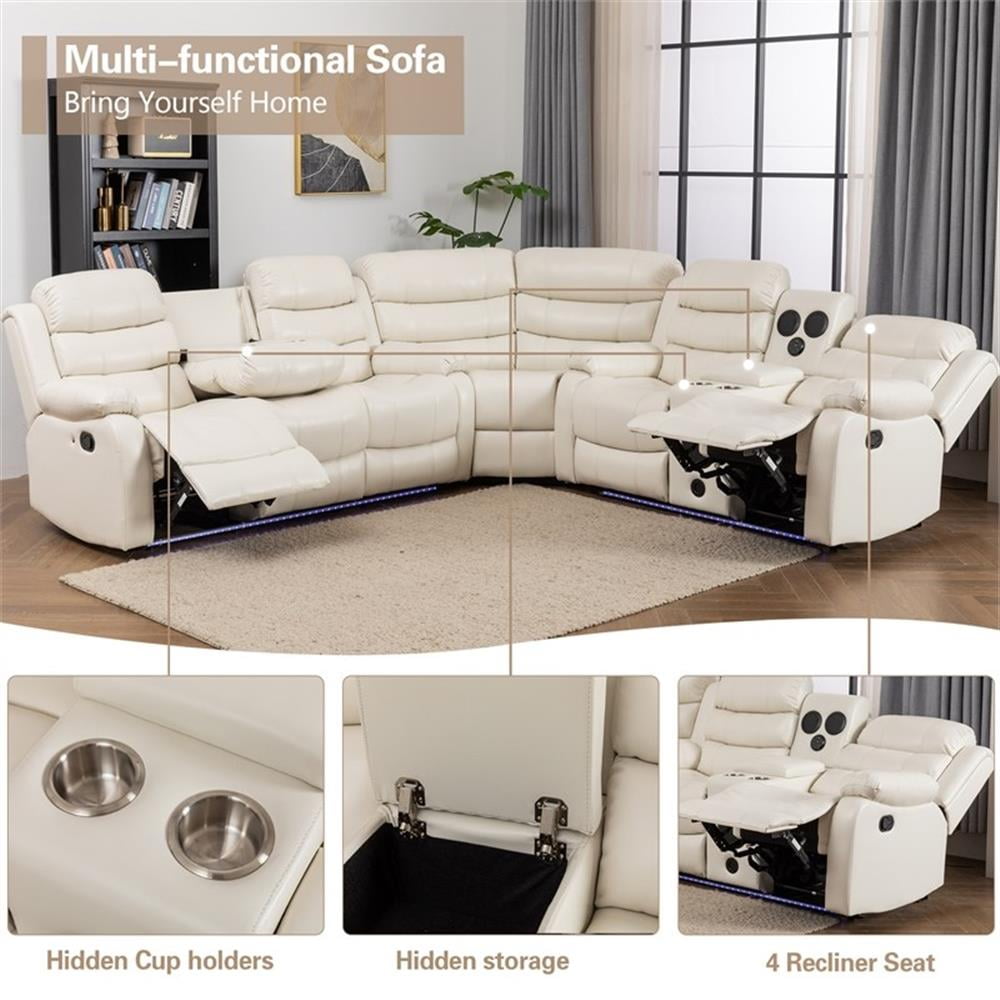 Pemberly Row Faux Leather Living Room Set Modern Reclining Sectional Sofa White