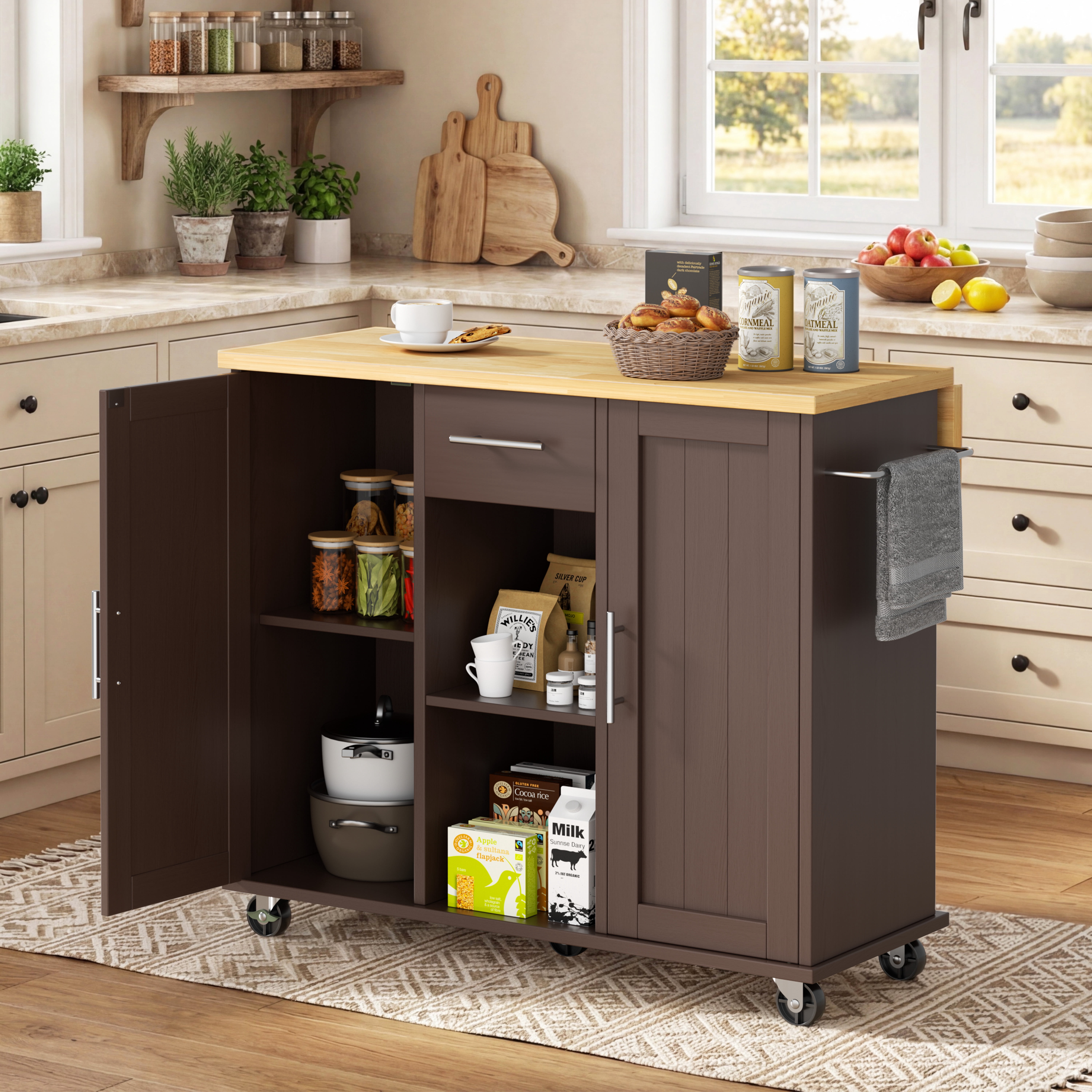 Walsunny Kitchen Islands Carts with Drop Leaf Table 1 Drawer 5 Wheels 2 Magnetic Doors Rolling Storage Cabinet Brown