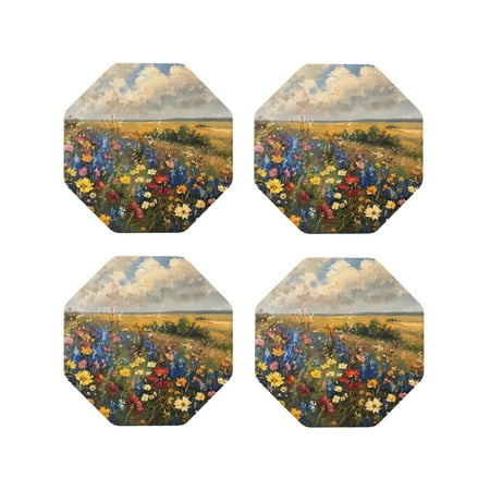 

Fuzoiu Vibrant Wildflower Meadow Print Leather Coasters Set Drink Coasters Set of 4 for Tabletop Protection Durable PVC Coasters Home Décor and Housewarming Gift-Octagon