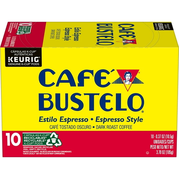Cafe Bustelo Espresso Style Dark Roast Coffee, Keurig K Cup pods, 10 Count Box