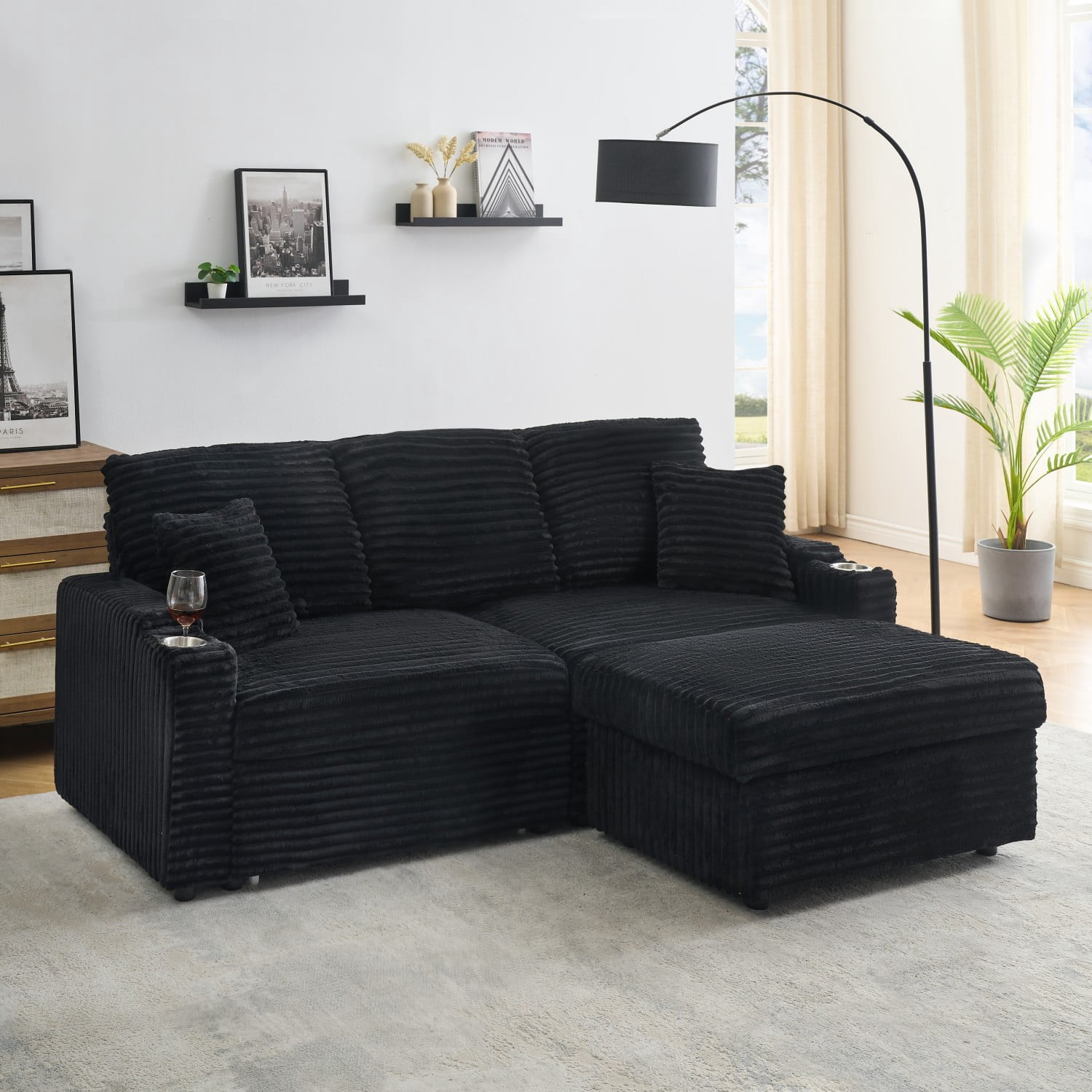 Leumius Modern Sleeper Sofa with Pull-Out Bed,Corduroy Multi-Function Sofa with Hidden Reclining,Cup Holders and Removable Footstool for Living Room,Black