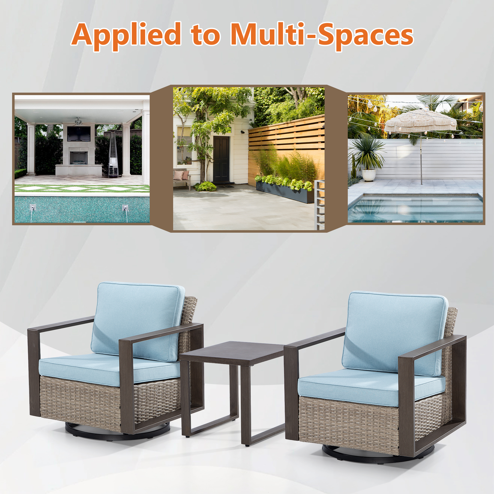 MeetLeisure Outdoor Swivel Rocker Metal Chairs Set of 2 with Small Coffee Table, 3 Pieces Patio Bistro Set with 360 Degree Glider Chairs & Wood-Looking Metal Armrest, Sky Blue