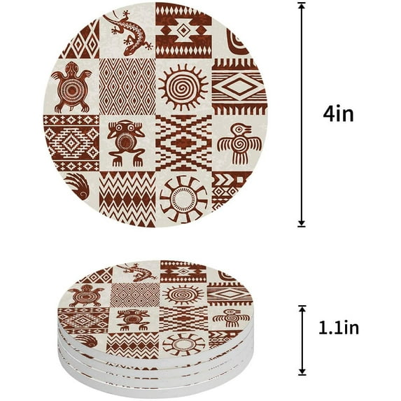 FMSHPON National Pattern Retro Totem Frog Tortoise Bird Sun Set of 6 Round Coaster for Drinks, Absorbent Ceramic Stone Coasters Cup Mat with Cork Base for Home Kitchen Room Coffee Table Bar Decor