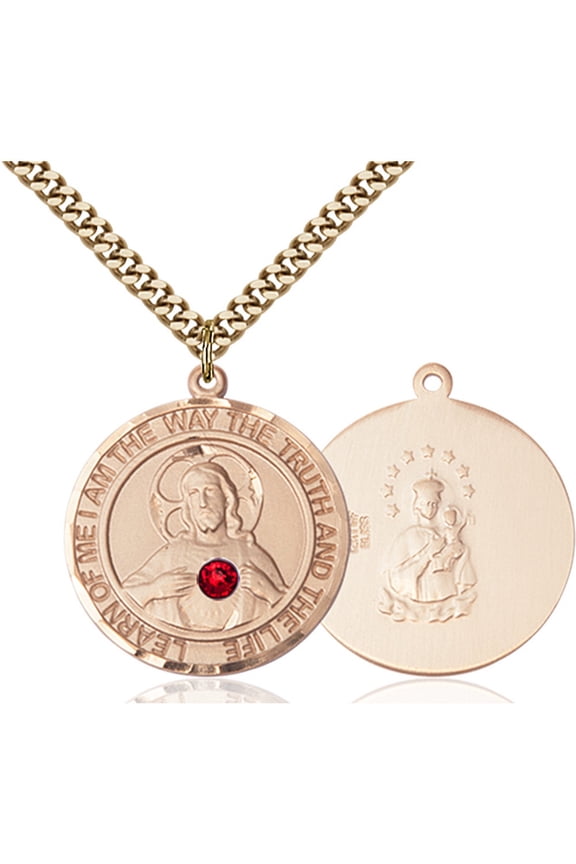 Gold Filled Scapular Pendant with 3mm July Red Swarovski Crystal 1 x 5/8 inches with Heavy Curb Chain