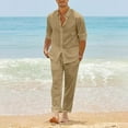 thumbnail image 5 of HaiMao Men 2 Piece Linen Sets Outfits Clearance Pants Button Down Long Sleeve Shirts Casual Beach Wedding Fashion Sets Khaki L(L), 5 of 8