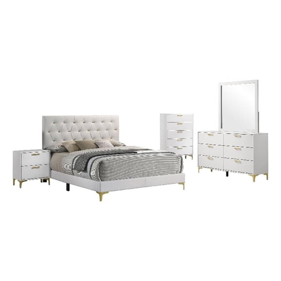 Dle 5 Piece Queen Bedroom Set-White Faux Leather-Modern Gold Accents
