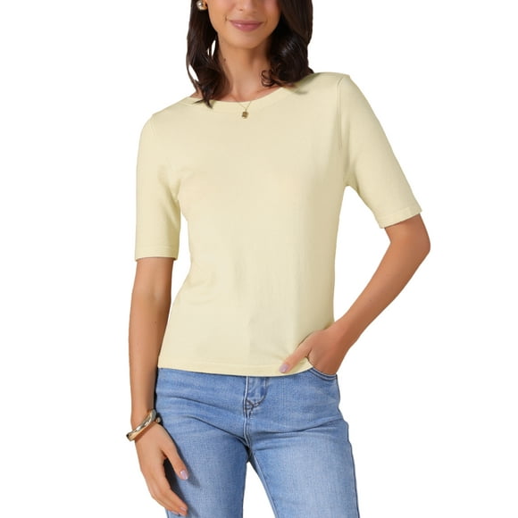 Camiseta básica de punto casual de manga corta para mujer INSPIRE CHIC, con cuello barco, ligera y elástica, color beige