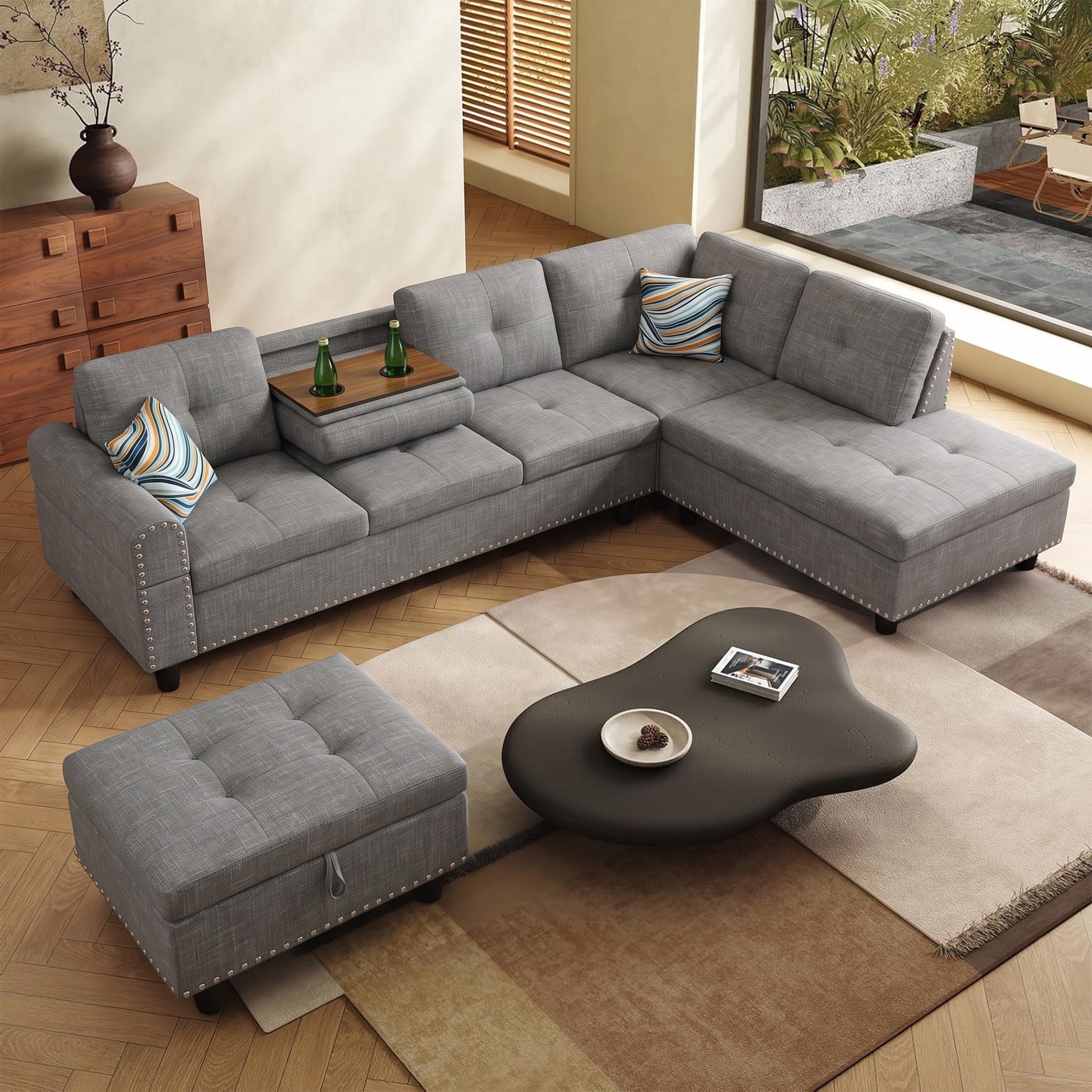 AENKYO 98" L-Shaped Sectional Sofa with Reversible Chaise, Storage Ottoman & Cup Holders, Linen, Gray