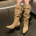 thumbnail image 6 of Rain Boots Women TKYCMSUAKI Camel Suede Knee High Boots for Women Snip Toe Chunky Heel Cowgirl Boots Ladies Fall Wide Calf Tall Boots, 6 of 9