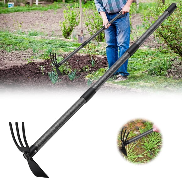 Garden Tool Hoe and Cultivator Hand Tiller with 45inch Adjustable Handle,Heavy Duty Garden Rake with Hoe, Hand Garden Tools Sturdy